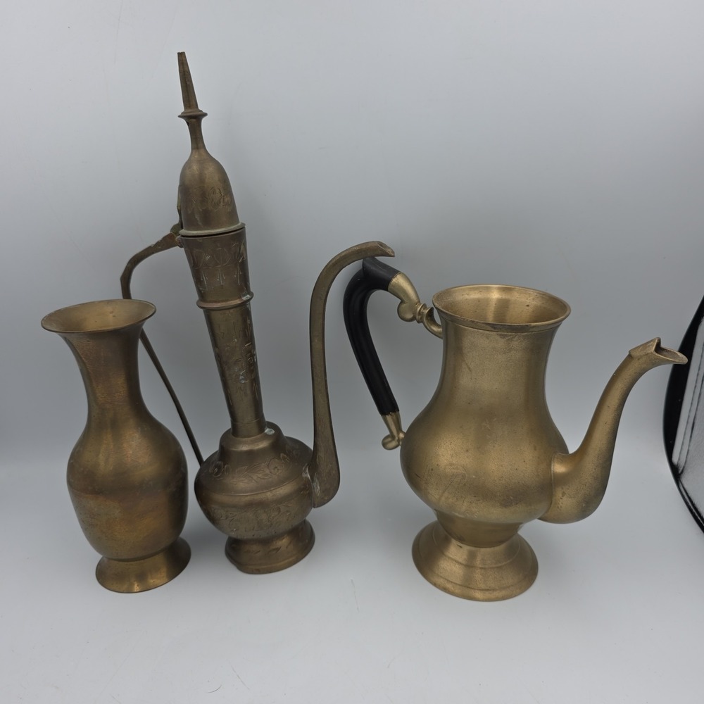Vintage Ornate Solid Brass Etched Pitcher Made in India Lot Of 3